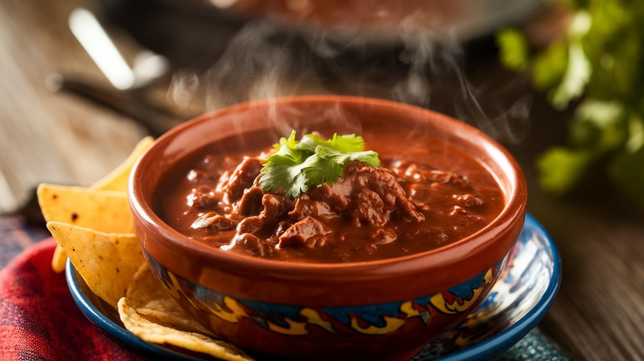 A hearty bowl of chocolate mole chili garnished with cilantro, served with tortilla chips.