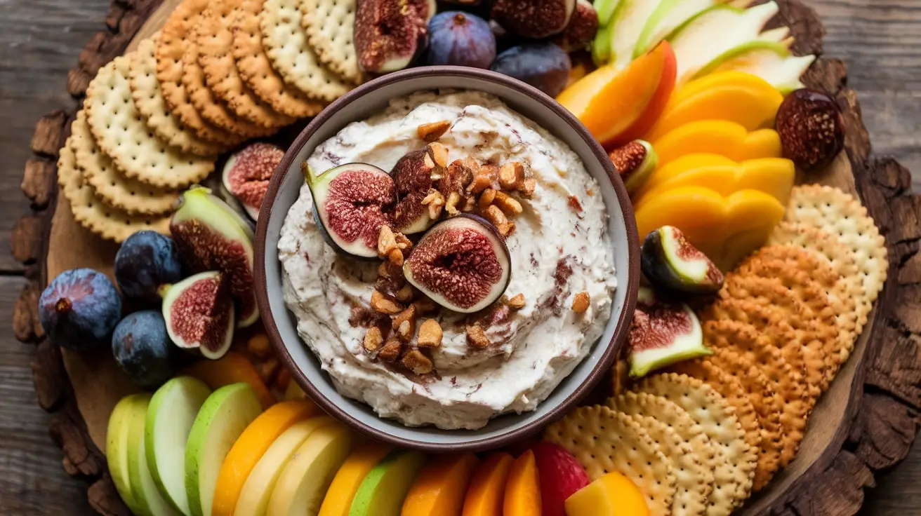 A creamy spiced fig and mascarpone dip garnished with fresh figs and nuts, served with assorted crackers and fruit.