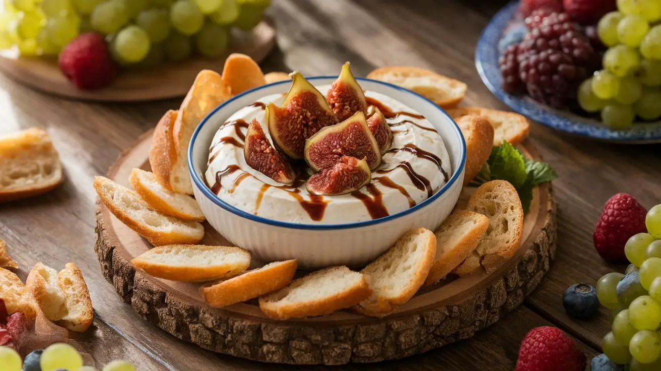 Gorgonzola and caramelized fig dip served with crostini and fresh fruit on a rustic wooden table.