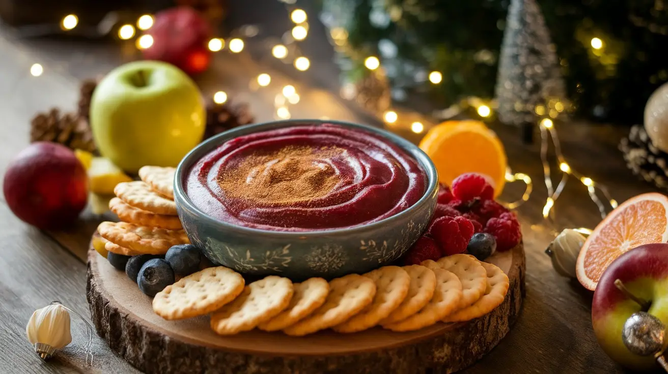 A creamy Mulled Wine Cream Cheese Dip with cinnamon garnish, served with fruits and crackers on a festive table.