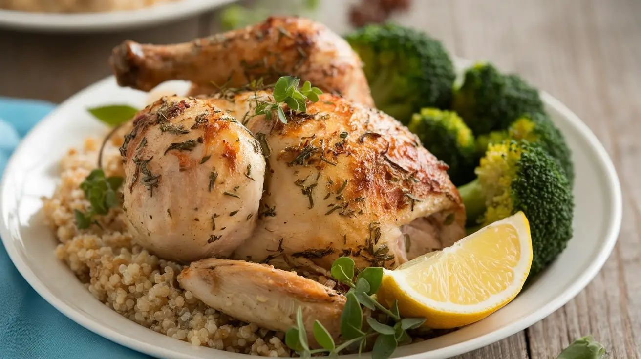 Herb-roasted chicken with quinoa and broccoli on a rustic table, garnished with herbs and lemon.