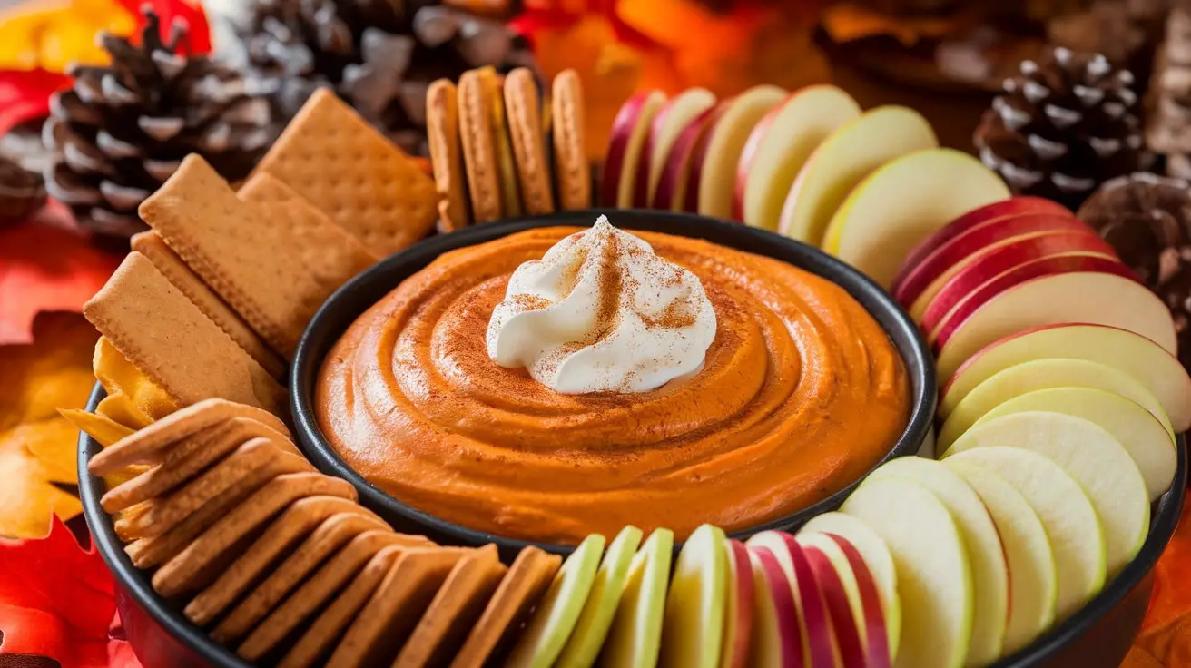 A bowl of pumpkin pie dip with graham crackers and apple slices for dipping, garnished with whipped cream and cinnamon.