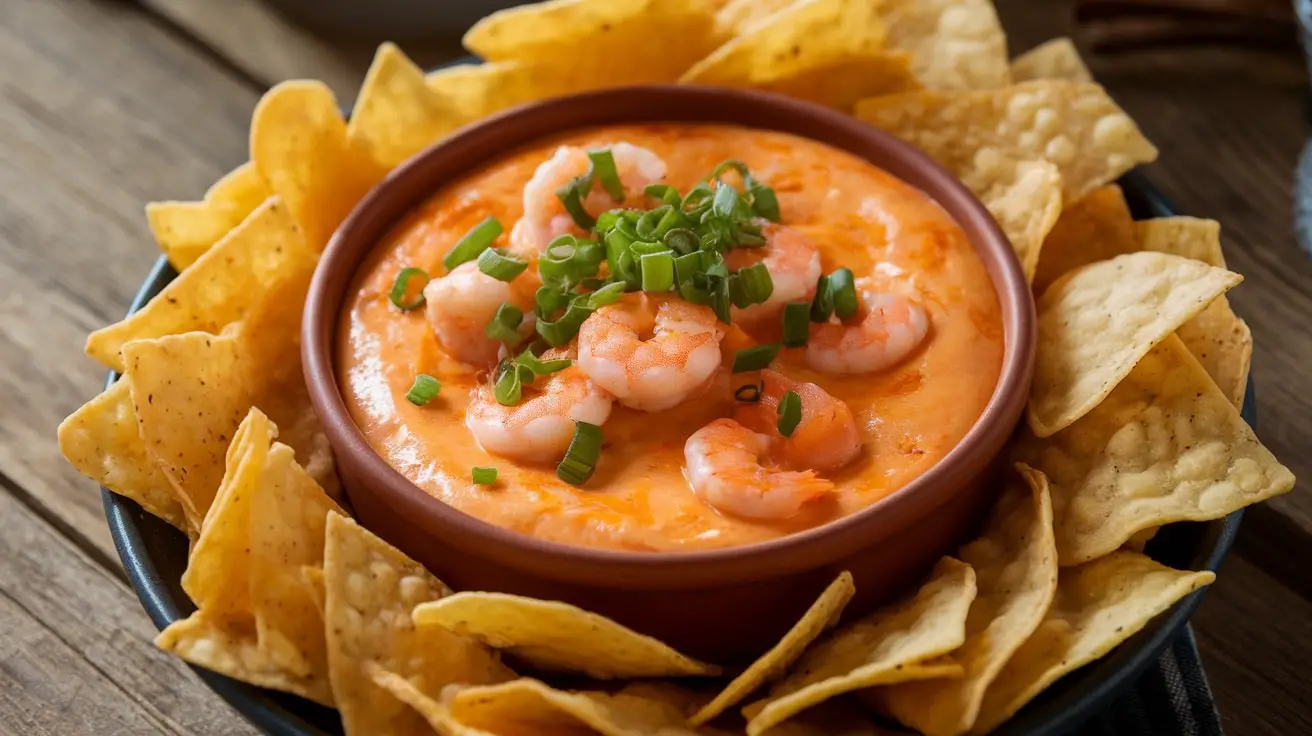 A warm bowl of Buffalo Shrimp and Cheese Dip garnished with green onions, surrounded by tortilla chips.