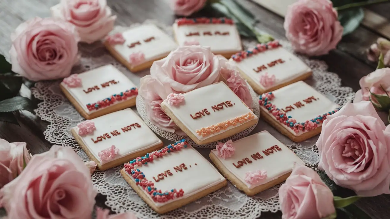 Love Note Sugar Cookies stamped with sweet messages and colored sugar, decorated for Valentine