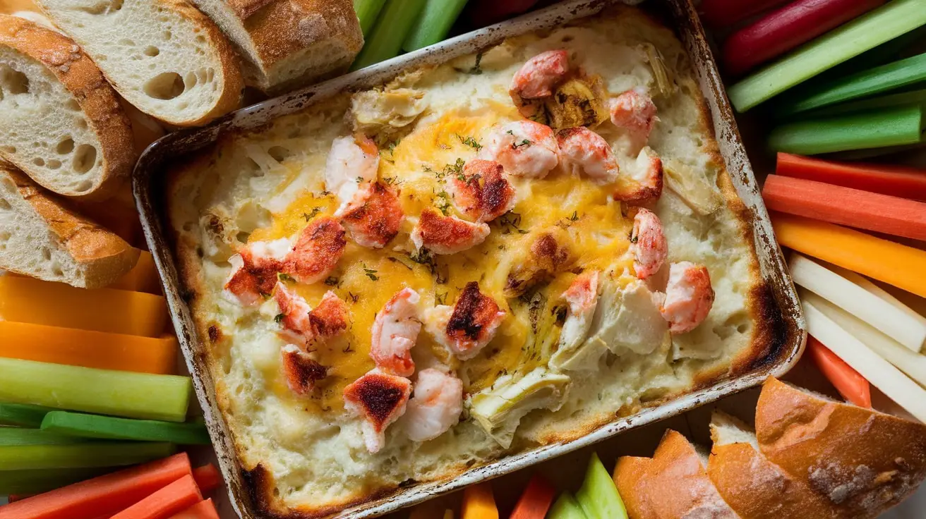 Creamy Crab and Artichoke Alfredo Bake dip with baguette slices and veggies on a rustic table.