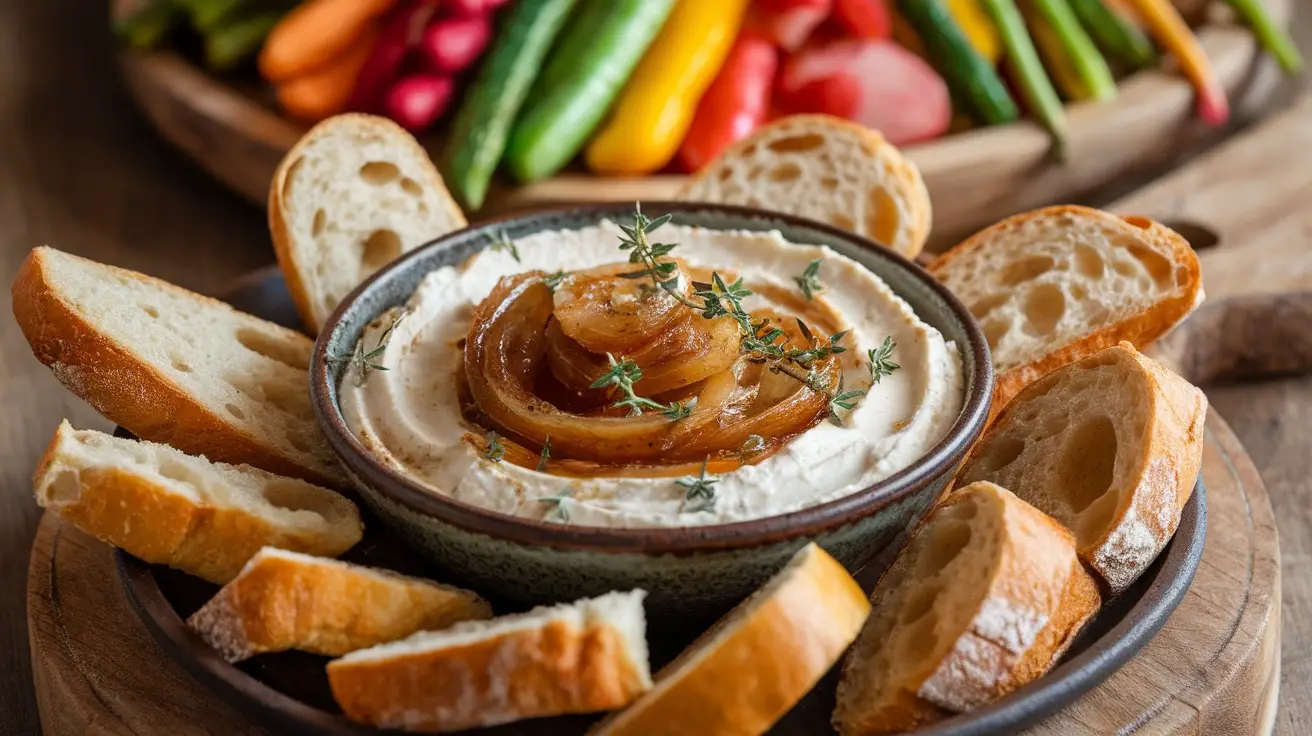 Creamy Caramelized Onion and Goat Cheese Dip with baguette slices and fresh vegetables.