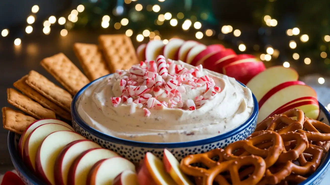 Candy Cane Cheesecake Dip in a bowl with crushed candy canes on top, served with graham crackers and apple slices.