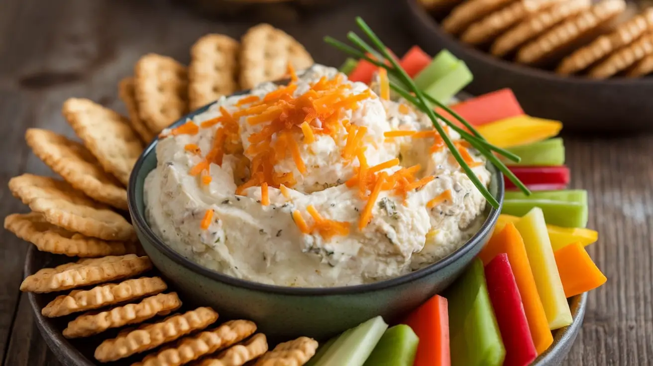 A bowl of creamy roasted cauliflower and Gruyère dip with crackers and veggies, garnished with chives, on a rustic table.