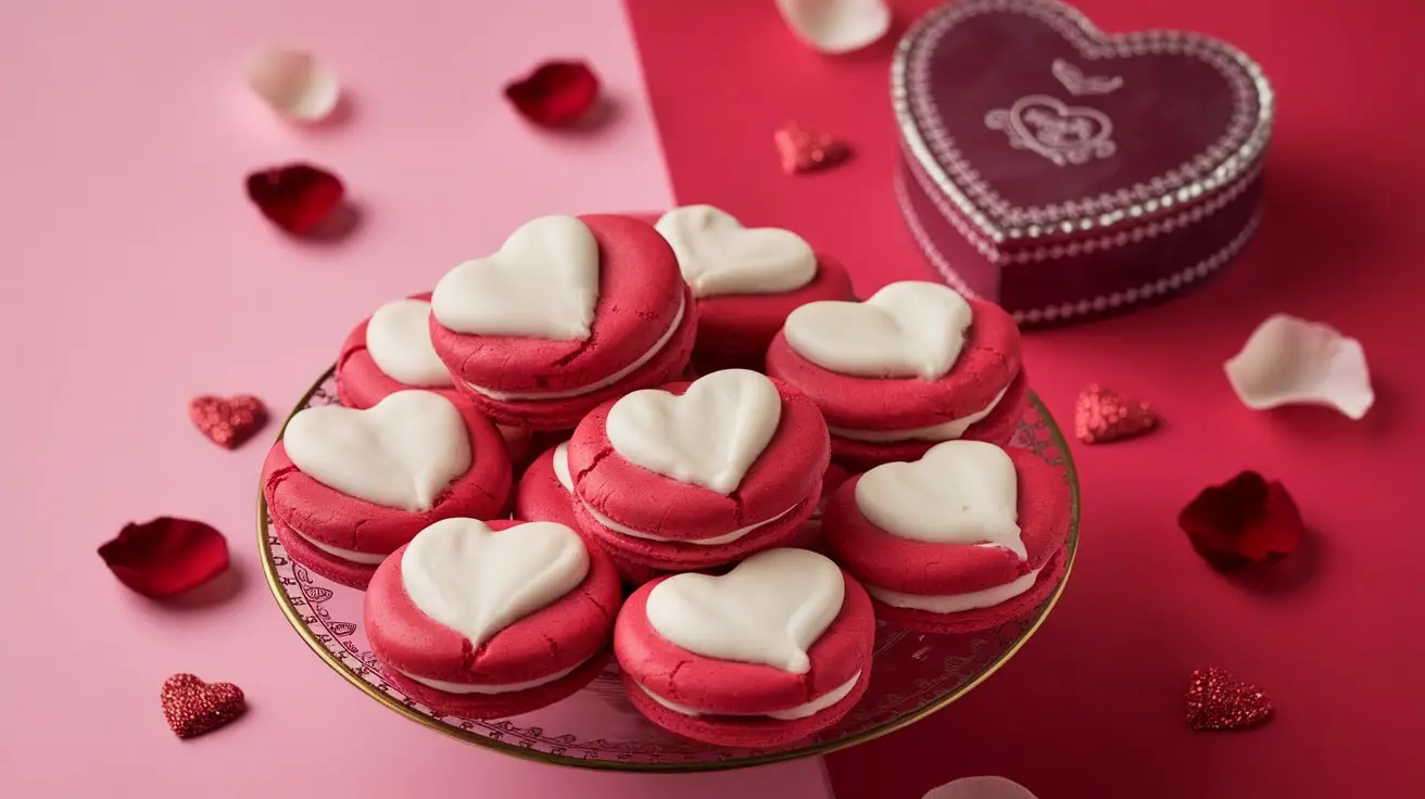 A plate of Heartfelt Red Velvet Blossoms cookies with cream cheese frosting, decorated for Valentine