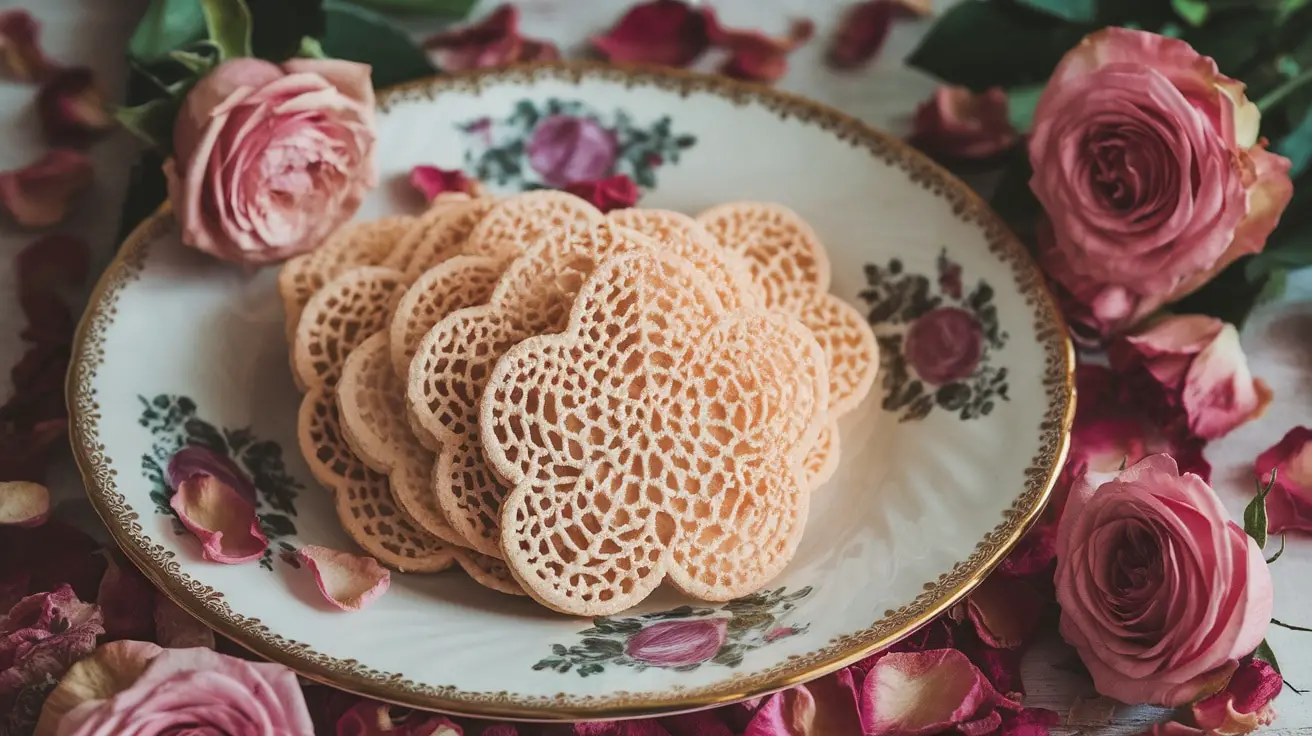 Rose Petal Almond Lace Cookies on a vintage plate, adorned with dried rose petals for Valentine