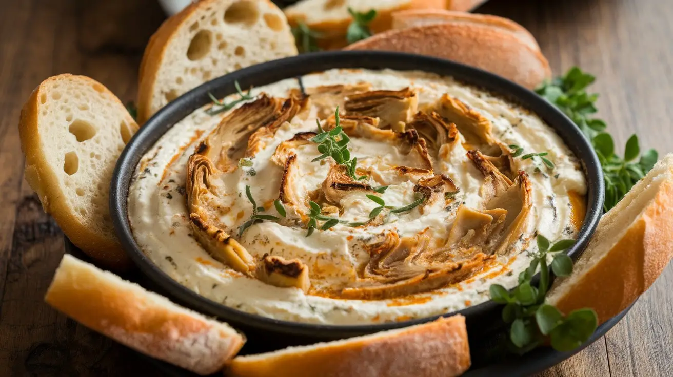 Creamy artichoke and goat cheese dip in a bowl, garnished with herbs, served with crispy bread on a rustic table.