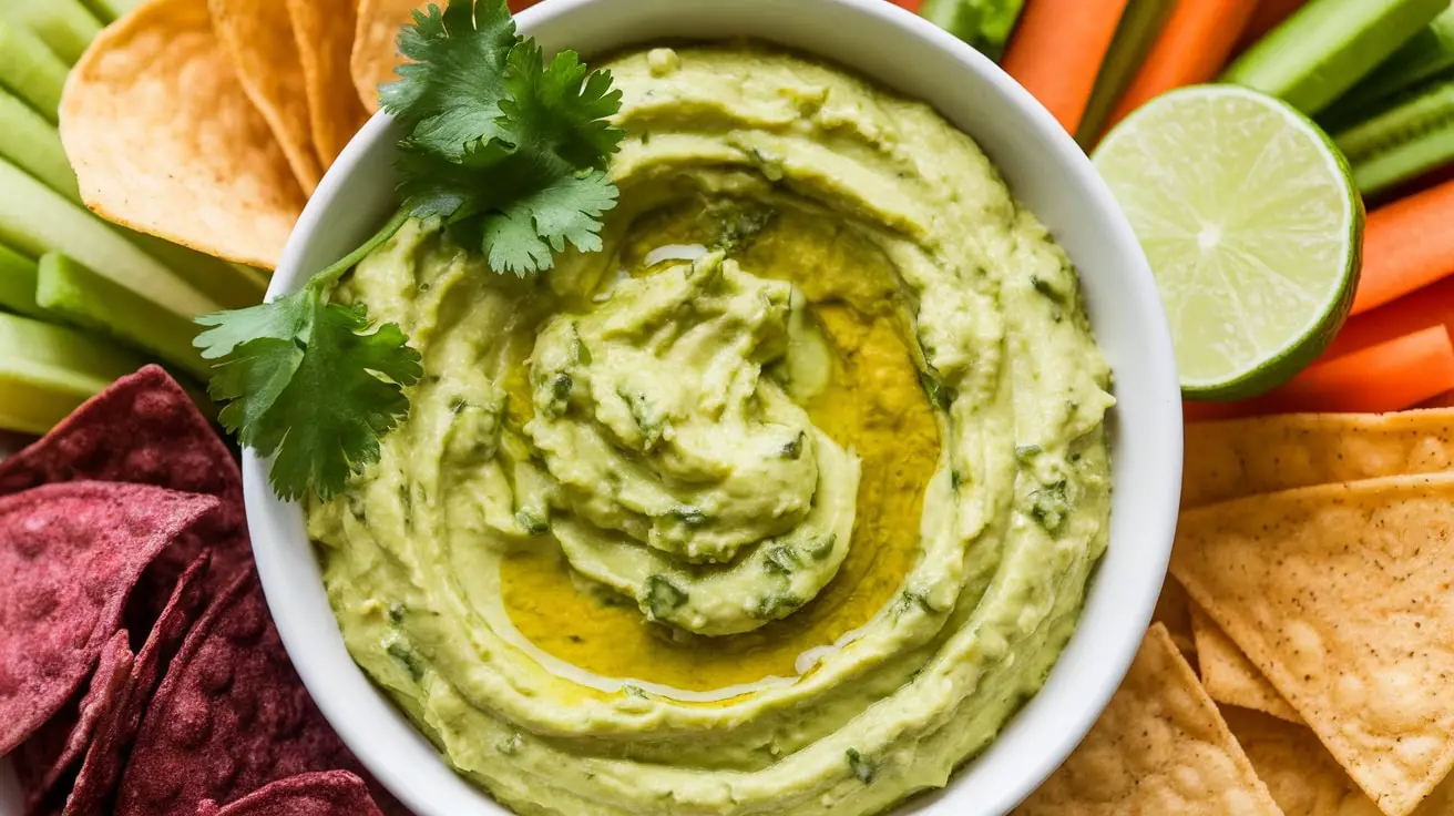 Creamy Avocado Cilantro Chimichurri Dip in a bowl, garnished with cilantro, tortilla chips, and vegetable sticks.