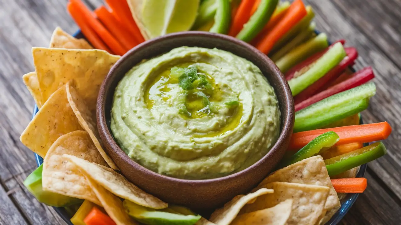 A bowl of creamy Avocado and Lime Dip with tortilla chips and fresh vegetables for dipping.