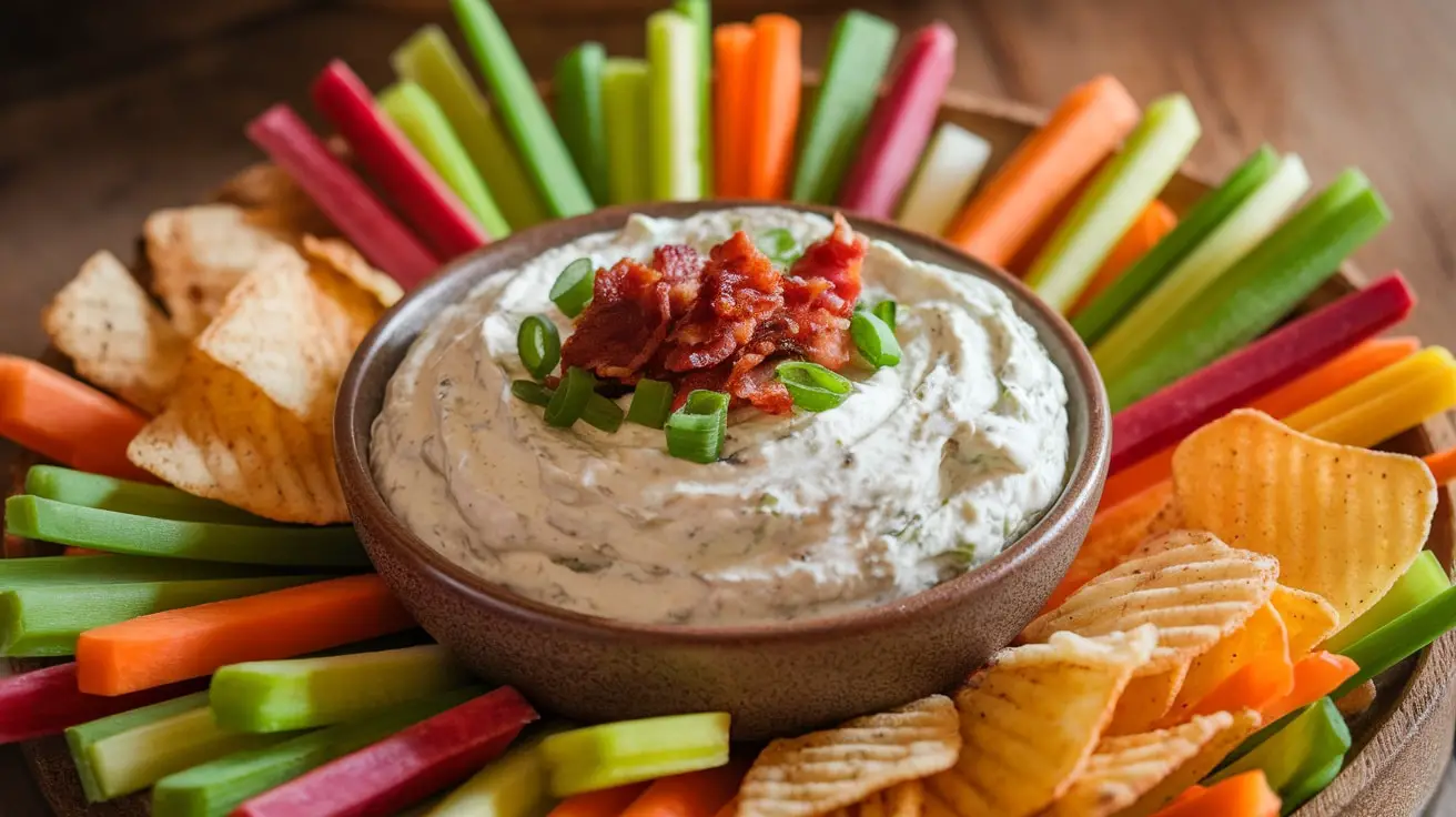 Creamy Bacon Horseradish Dip in a bowl with chips and vegetable sticks on a wooden platter.