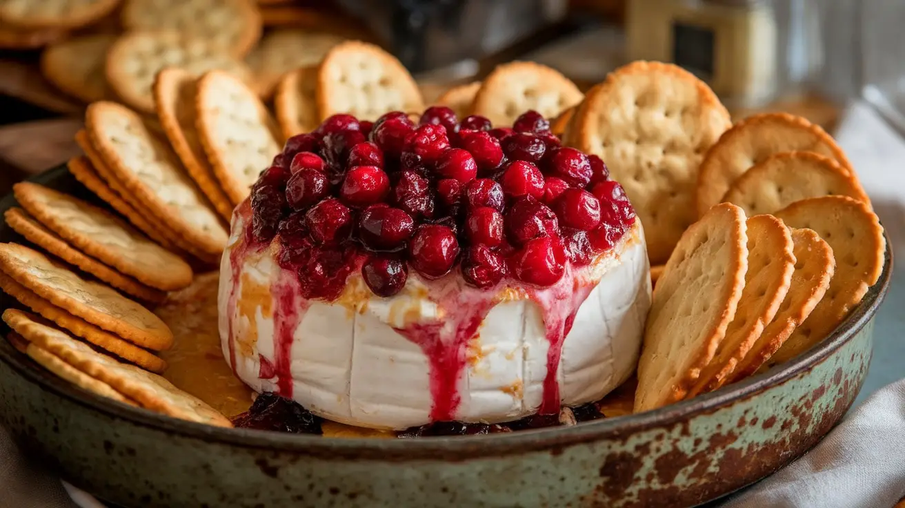 Warm Baked Brie and Cranberry Dip served with crackers and baguette, in a cozy kitchen setting.