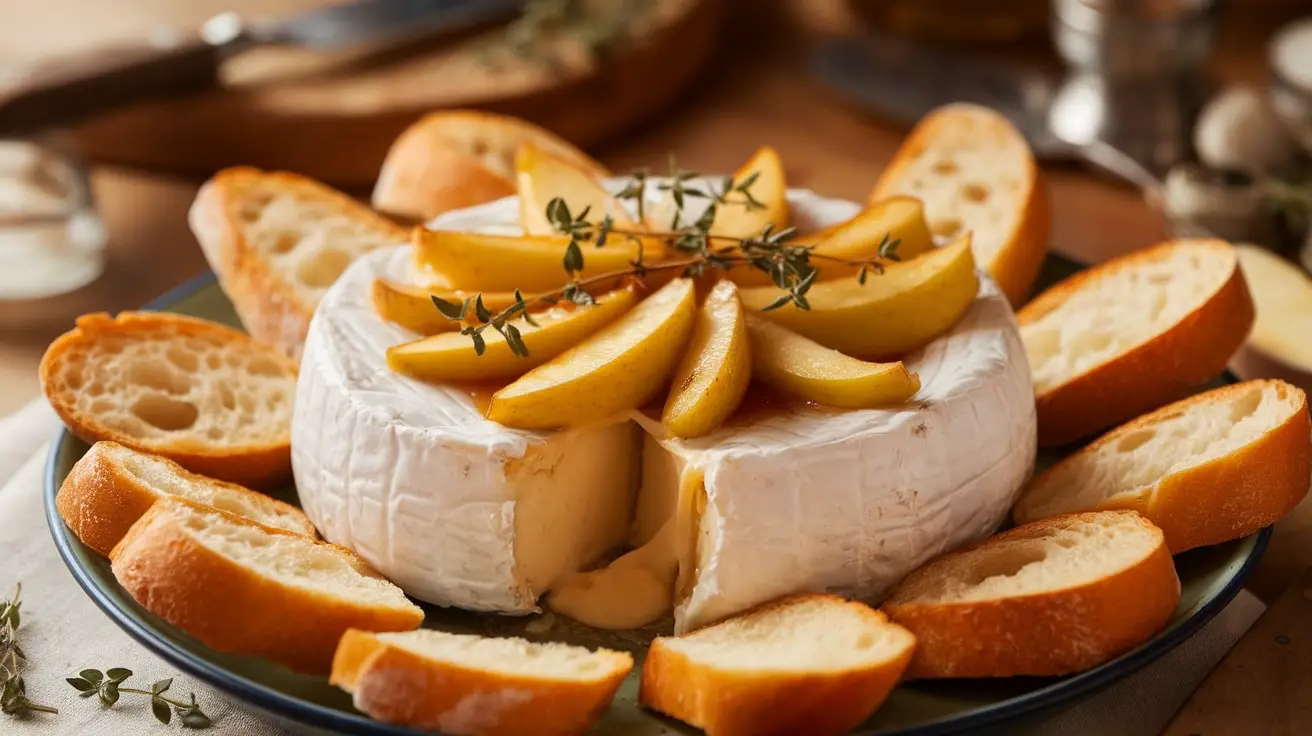 A warm baked Brie topped with caramelized apples and thyme, served with sliced baguette.