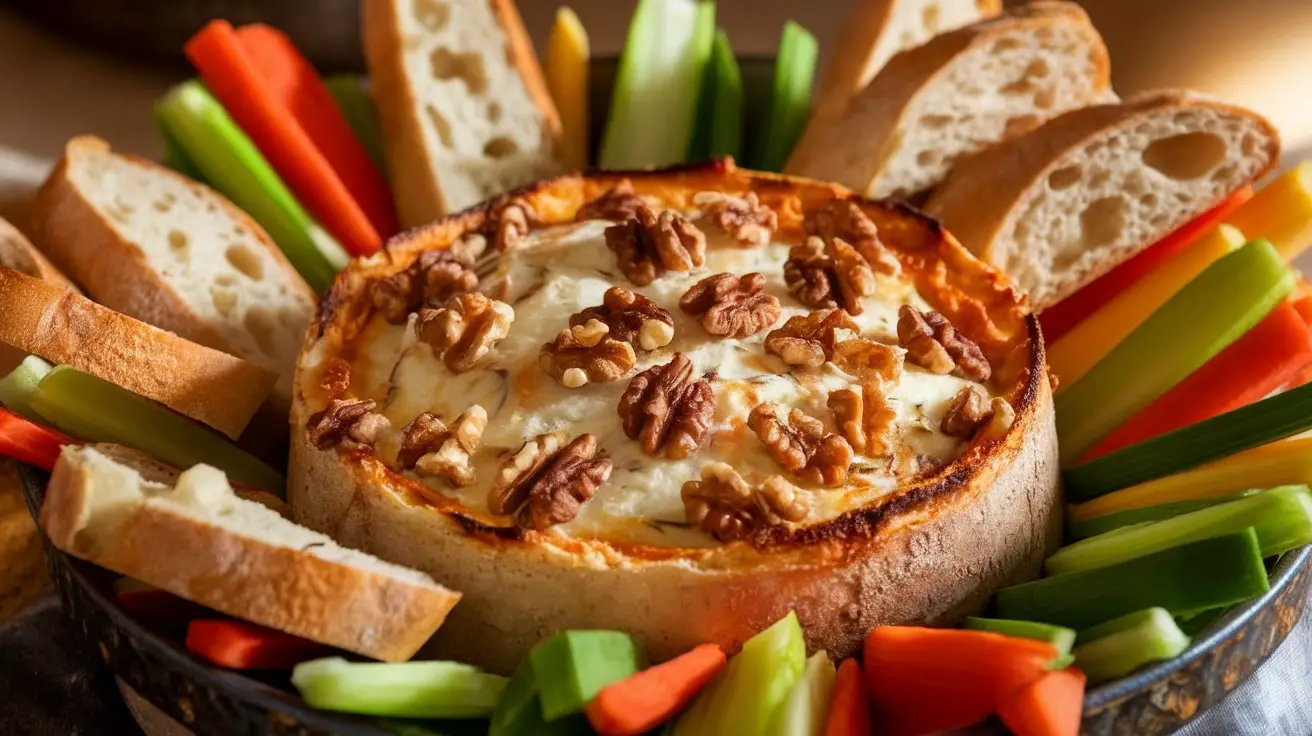 A baked gorgonzola and walnut dip in a rustic dish, surrounded by sliced baguette and vegetable sticks.