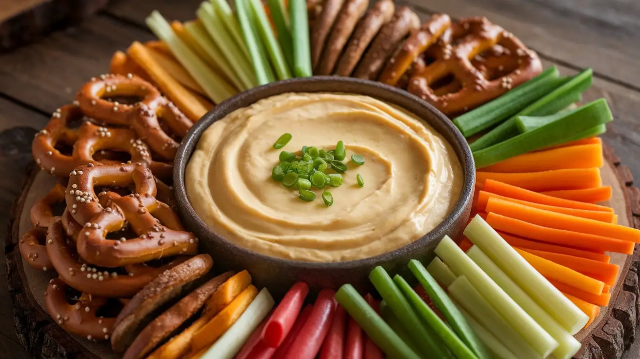 A bowl of creamy beer cheese dip with pretzels and veggies on a rustic serving board.