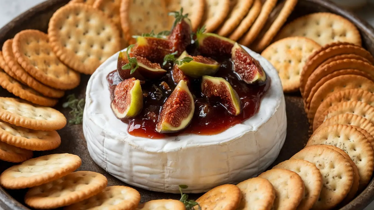 Melty Brie cheese with fig jam served in a dish, surrounded by crackers and baguette slices.