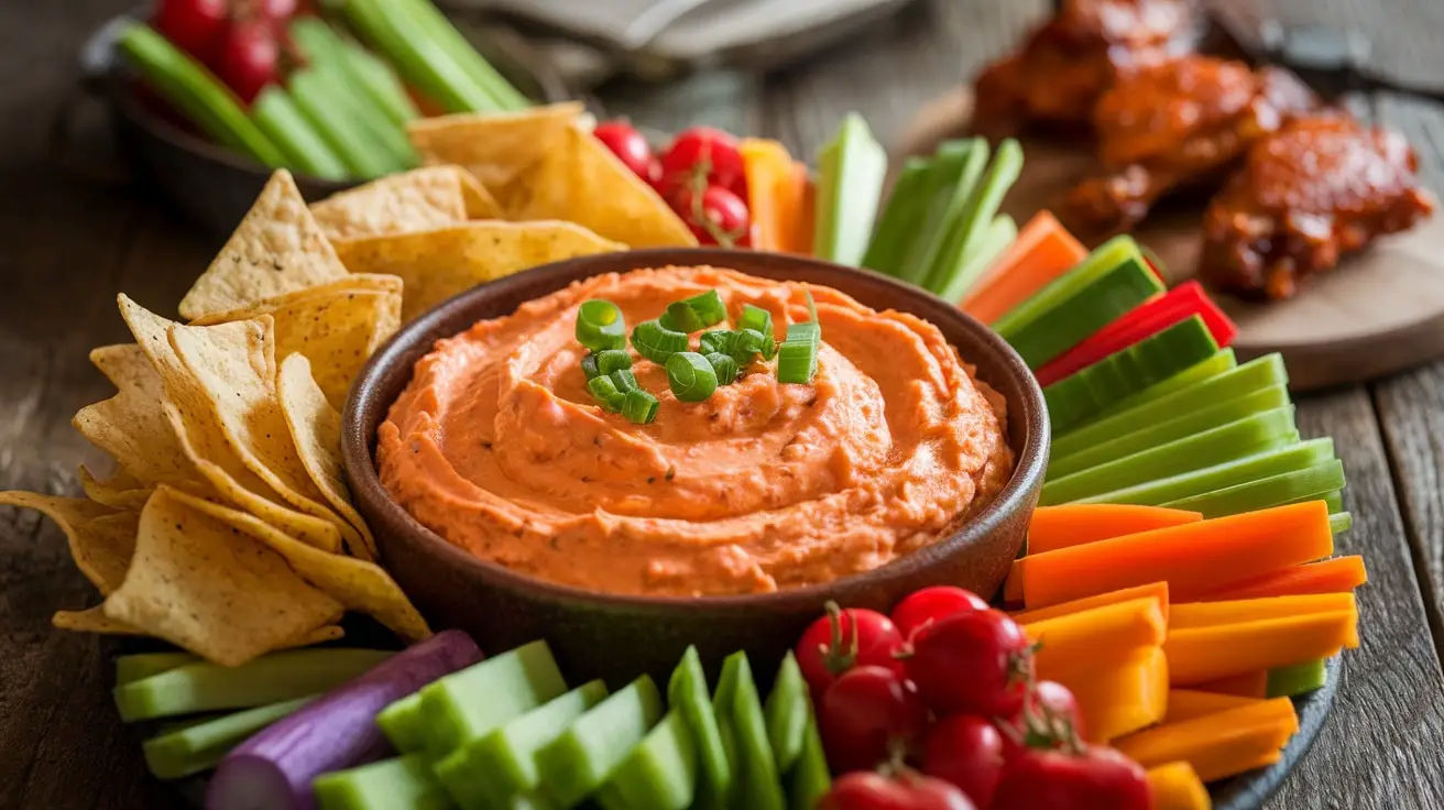 A delicious bowl of Buffalo Blue Cheese Dip with veggies and tortilla chips, perfect for snacking.