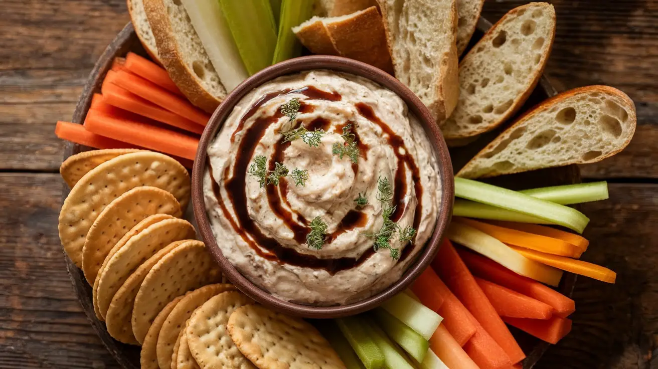 Creamy Caramelized Onion and Balsamic Dip with dippers on a rustic table.