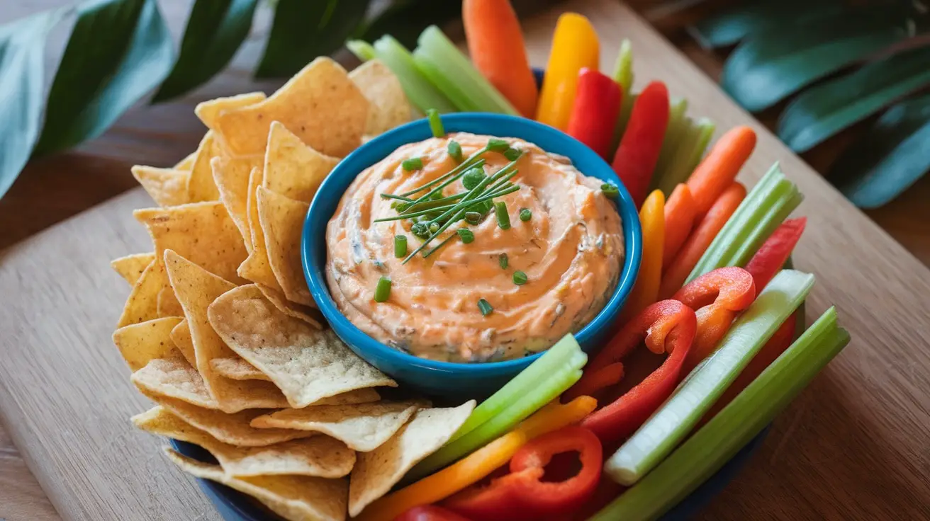 Creamy cheddar and chive dip in a bowl with vegetables and chips on the side.