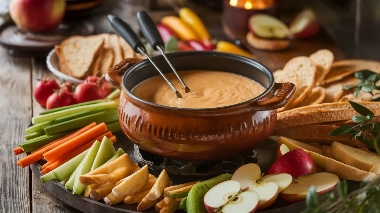 A bubbling pot of smoked gouda fondue surrounded by bread, vegetables, and apples on a wooden table.