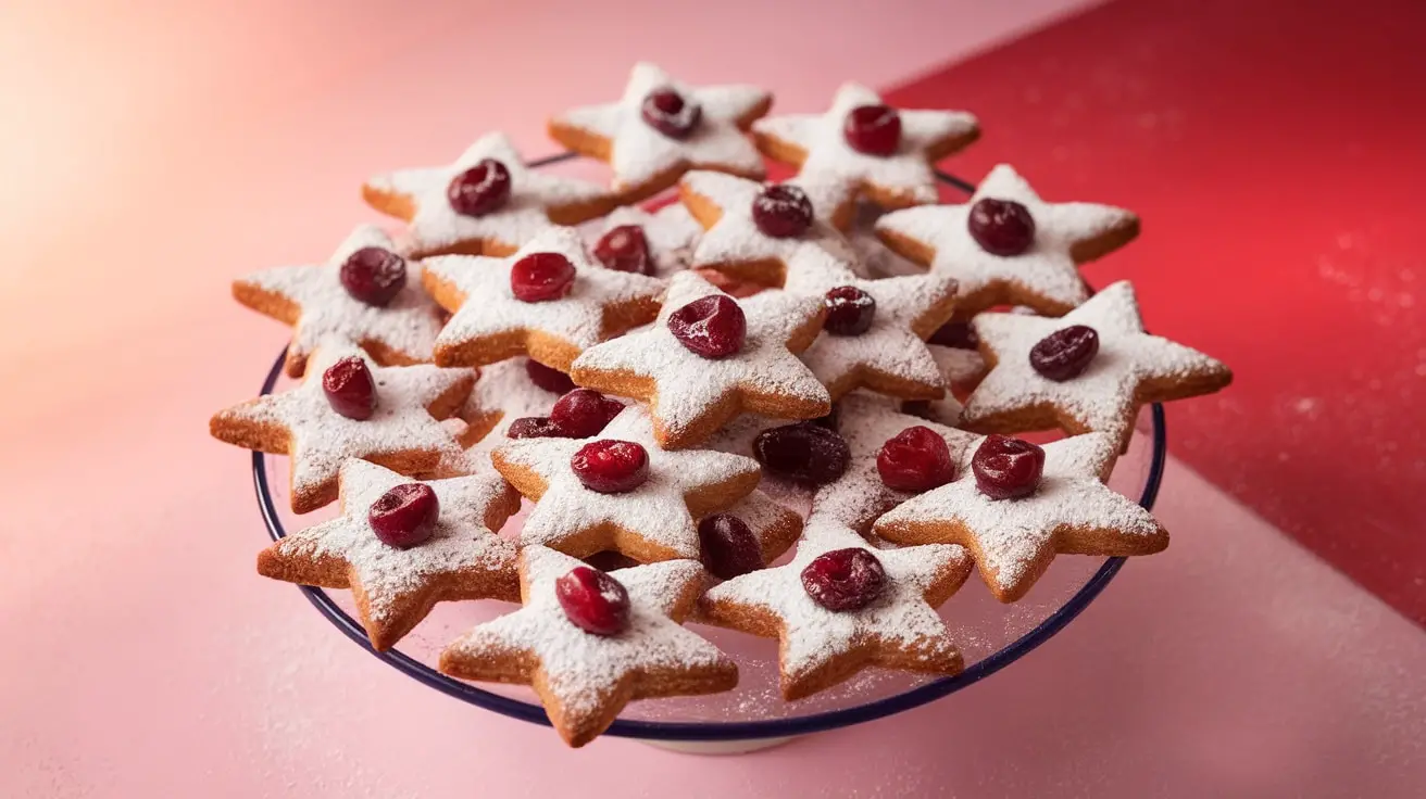 Cherry Almond Love Stars cookies dusted with powdered sugar on a romantic plate for Valentine