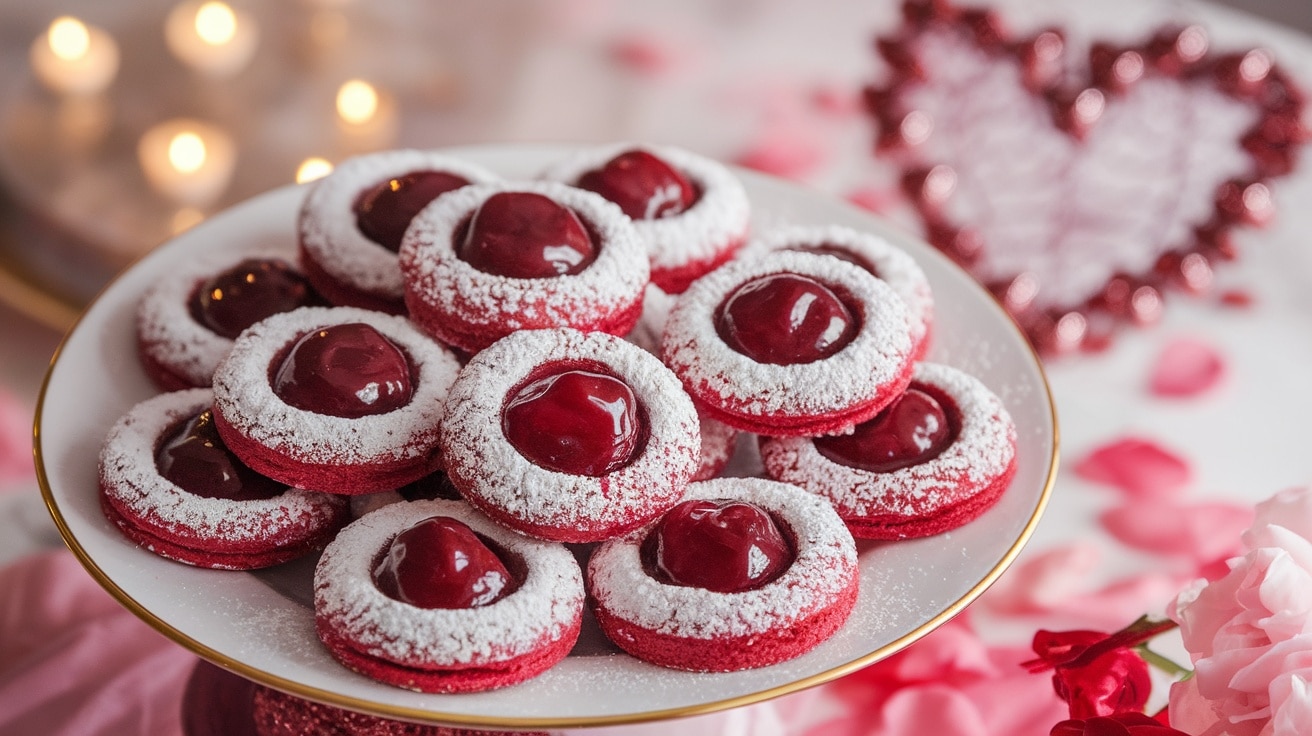 Cherry Almond Love Thumbprints cookies with cherry jam centers on a decorative plate surrounded by pink petals.