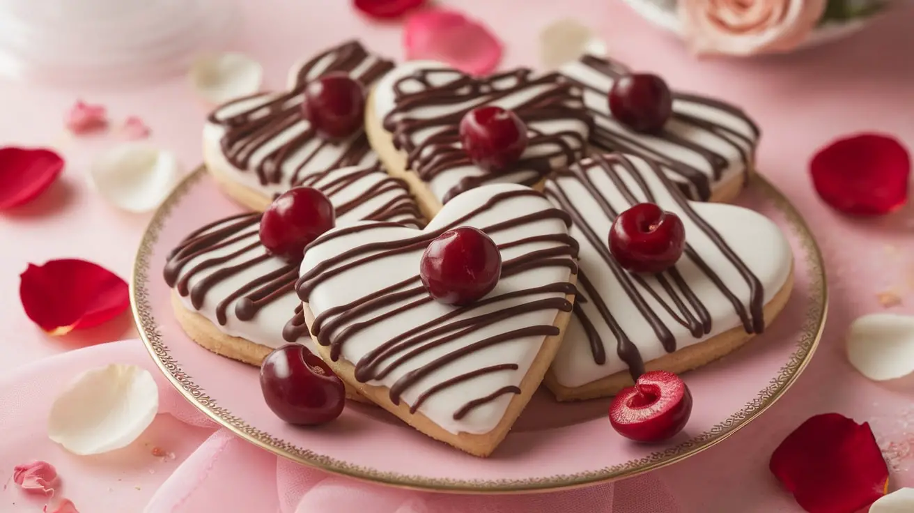 Heart-shaped Cherry Chocolate Drizzle Cookies on a romantic table, garnished with chocolate and cherries.