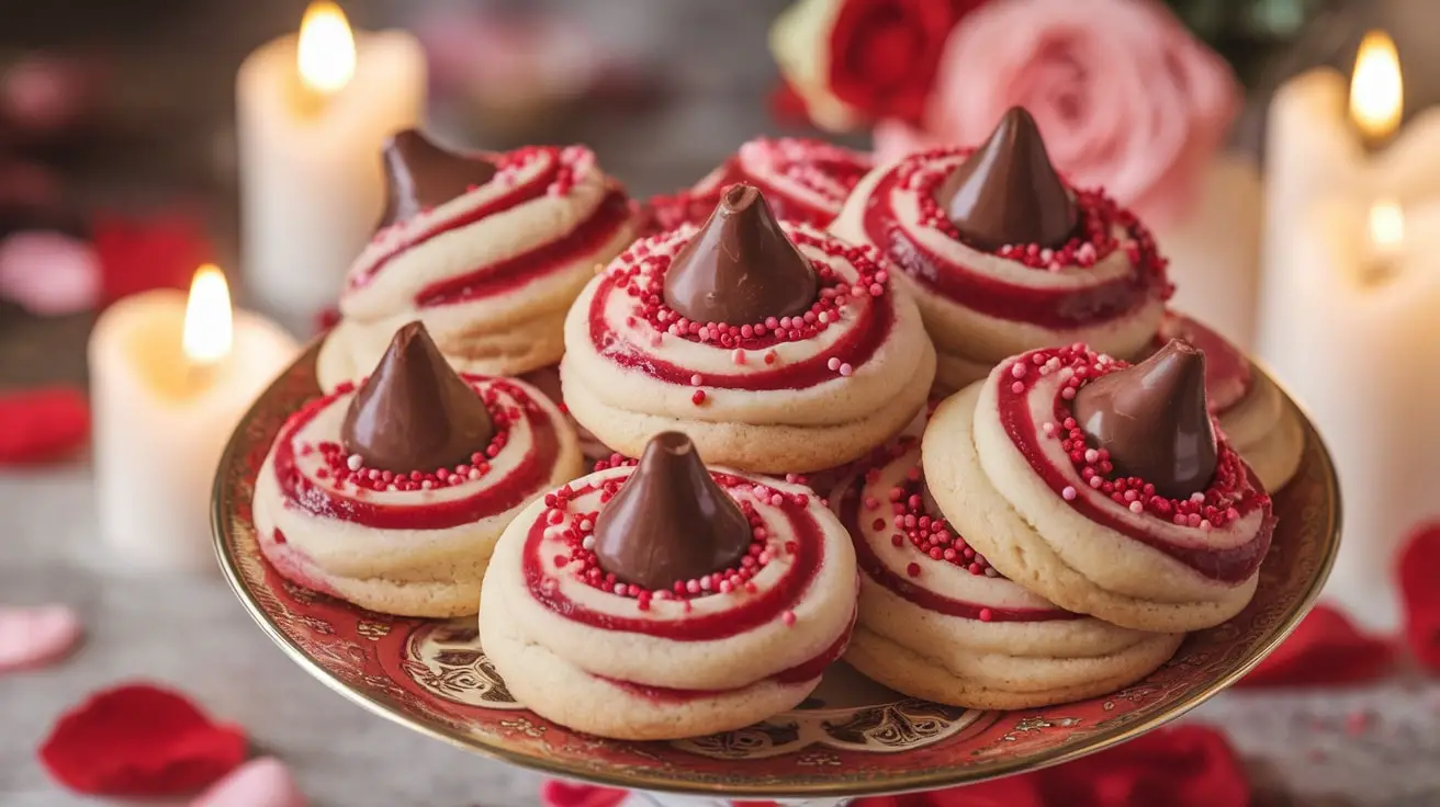 Cherry Kiss Valentine Swirls cookies decorated with chocolate kisses and sprinkles on a festive plate.