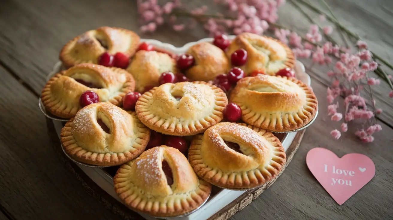 Golden Cherry Love Hand Pies dusted with powdered sugar, arranged with flowers in a romantic Valentine