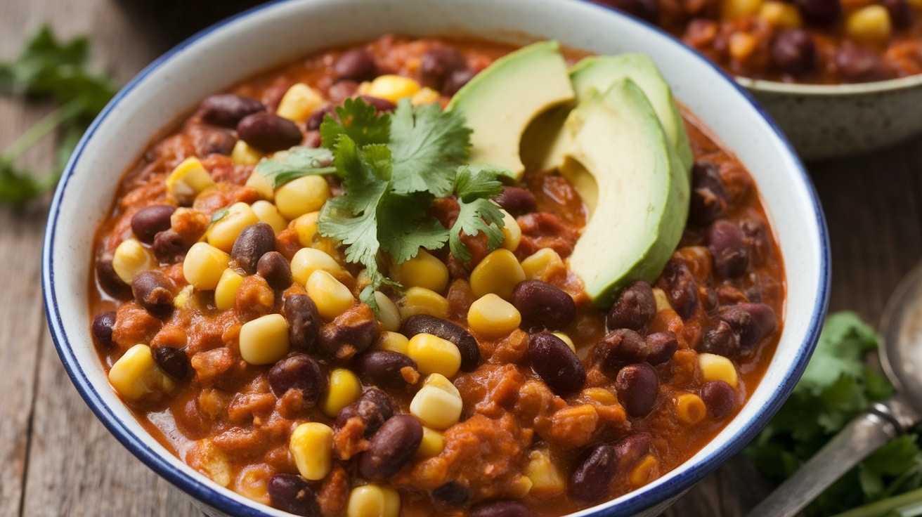 A hearty bowl of Corn and Black Bean Chili topped with cilantro and avocado, surrounded by a rustic table setting.