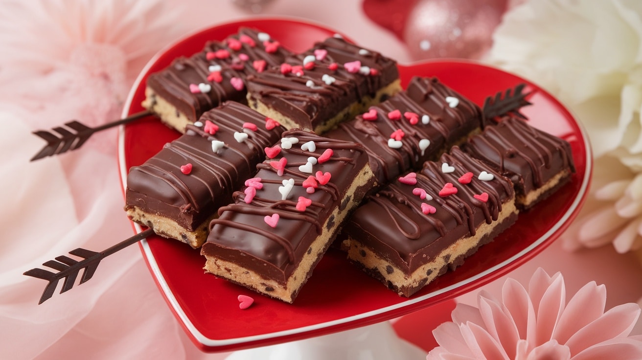 Cupid’s Arrow Chocolate Chip Bars on a heart-shaped plate with chocolate drizzle and sprinkles, set against Valentine