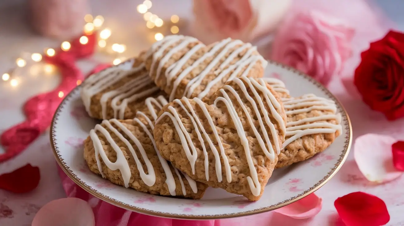 Cupid’s Oatmeal White Chocolate Hearts cookies on a plate, decorated for Valentine