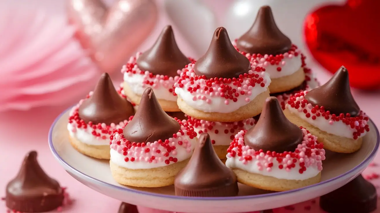 Cupid’s Sugar Kiss Drops cookies with chocolate kisses on a decorative plate, surrounded by Valentine’s Day decorations.