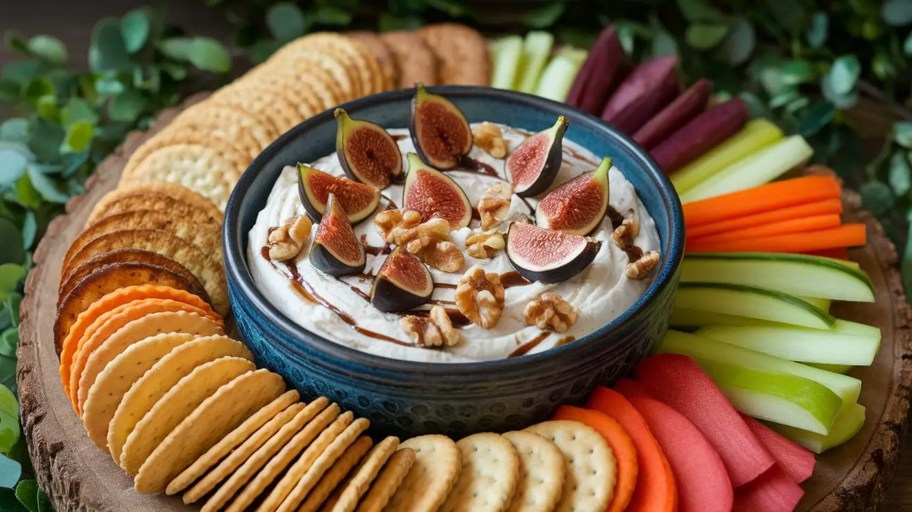 A creamy Fig and Balsamic Cream Cheese Dip with fresh figs and walnuts, served with crackers on a wooden platter.