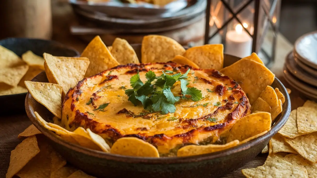 A warm dish of fire-roasted poblano cheese dip with tortilla chips on a wooden table.