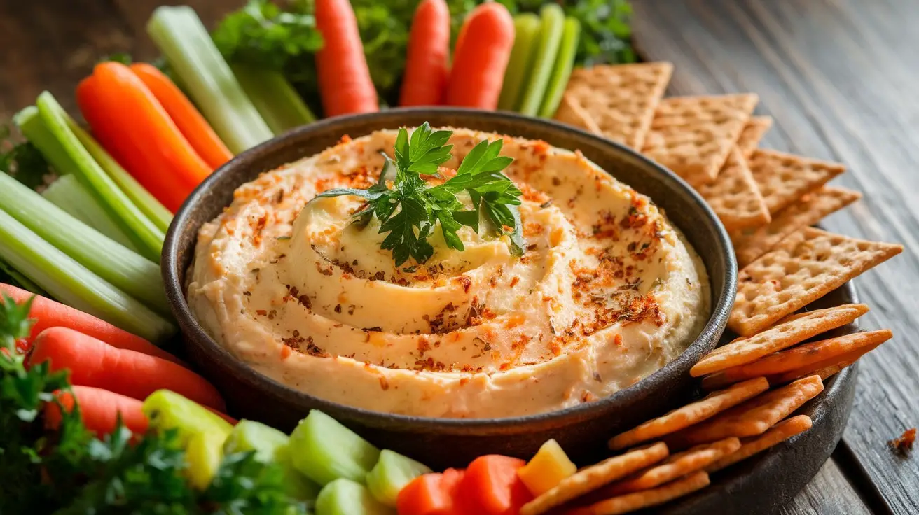 Creamy Garlic Parmesan Cheese Dip in a bowl with fresh vegetables and crackers around it, garnished with parsley.