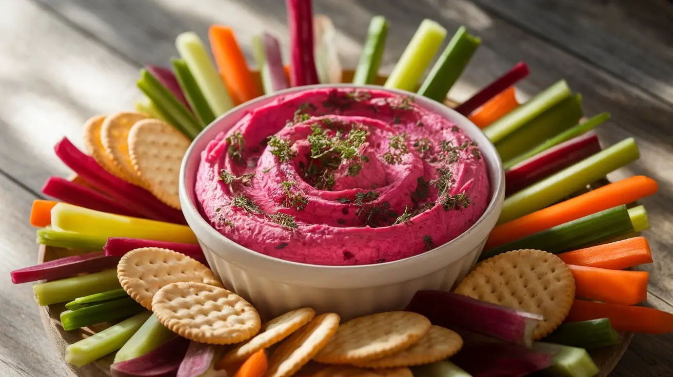 A bowl of Goat Cheese and Beet Dip garnished with herbs, surrounded by vegetable sticks and crackers on a wooden table.