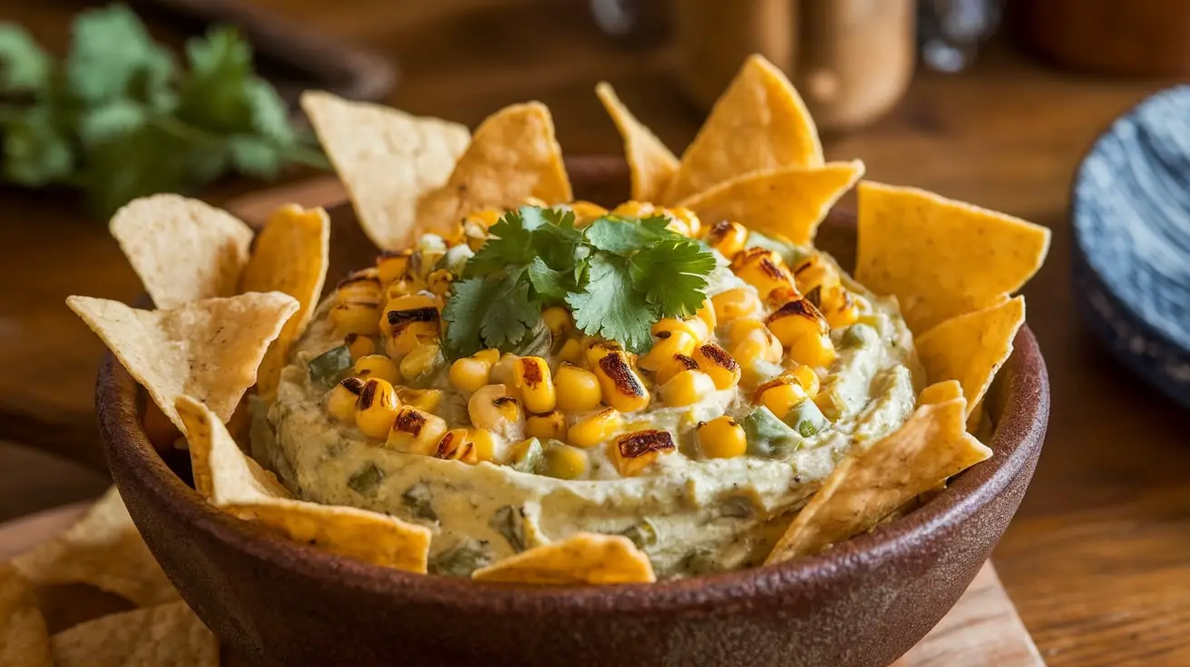 A creamy Grilled Corn and Poblano Dip in a bowl, garnished with cilantro, served with tortilla chips.