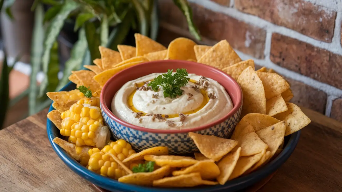 A bowl of creamy Grilled Corn and Truffle Aioli Dip with tortilla chips, garnished with parsley, on a wooden table.