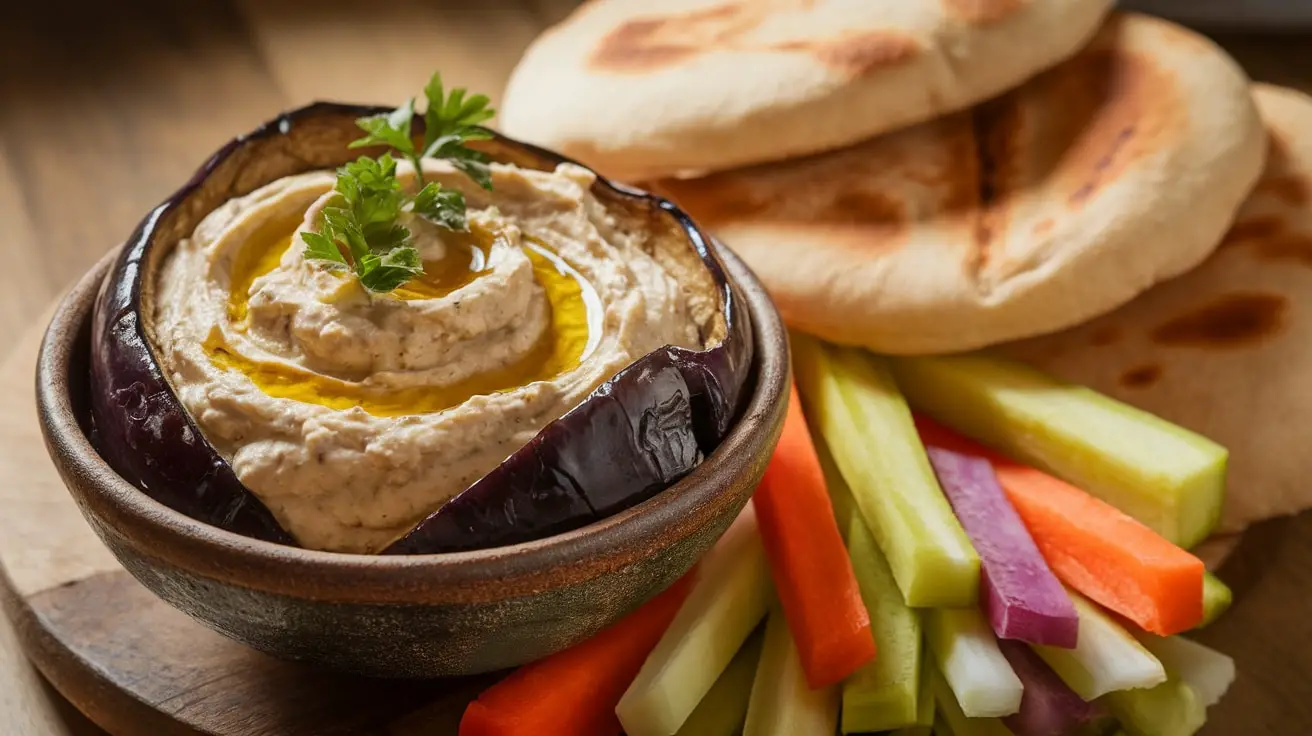 A bowl of creamy Grilled Eggplant and Tahini Dip, garnished with parsley and olive oil, accompanied by pita bread and vegetable sticks.