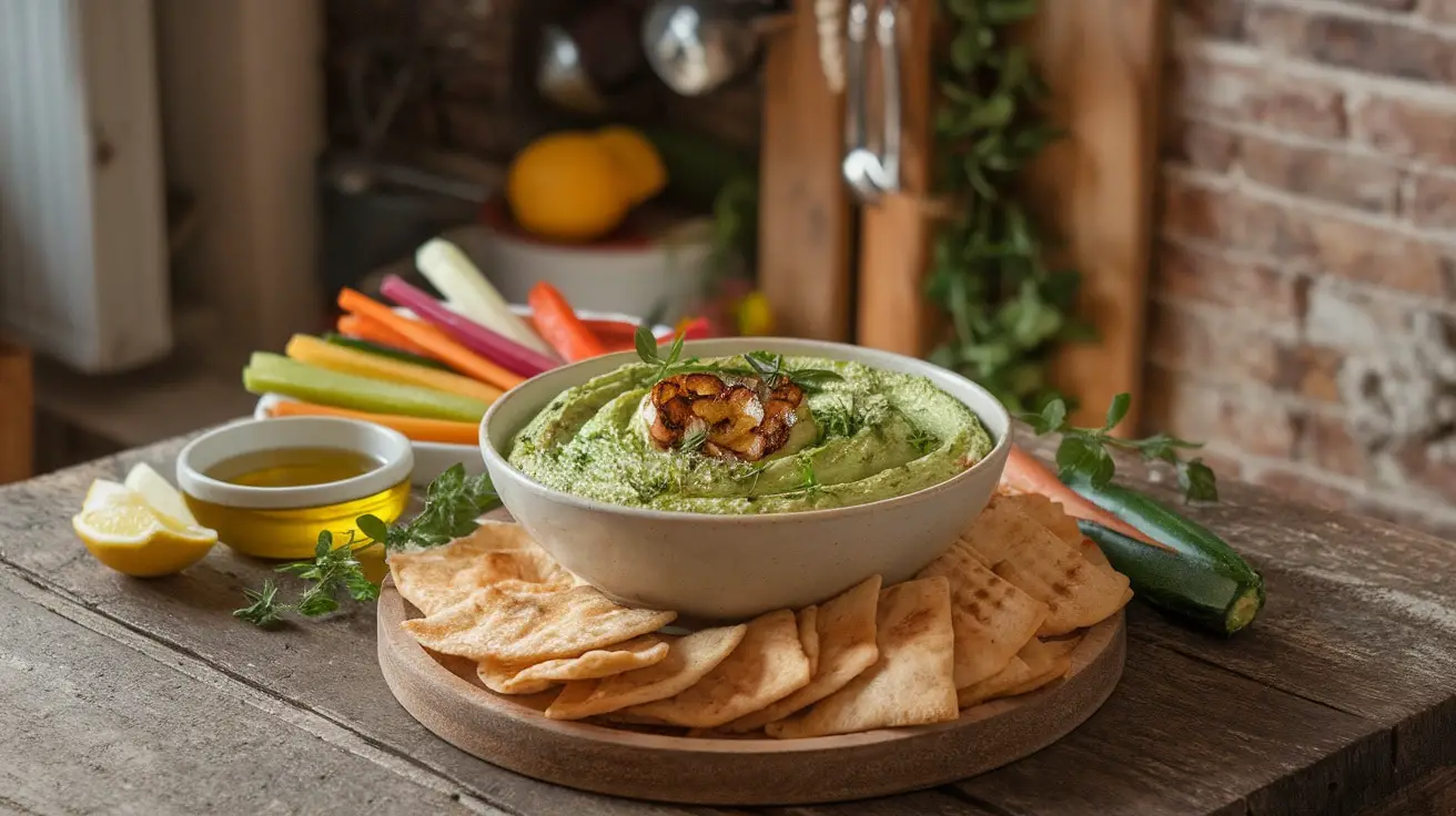 A creamy Grilled Zucchini and Garlic Dip with vegetable sticks and pita chips on a wooden table.