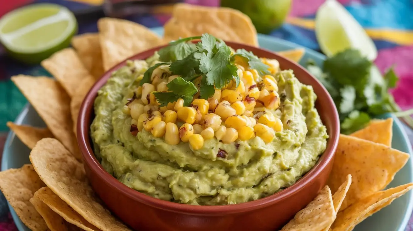 A bowl of guacamole with roasted corn dip surrounded by tortilla chips, garnished with cilantro, on a colorful table.