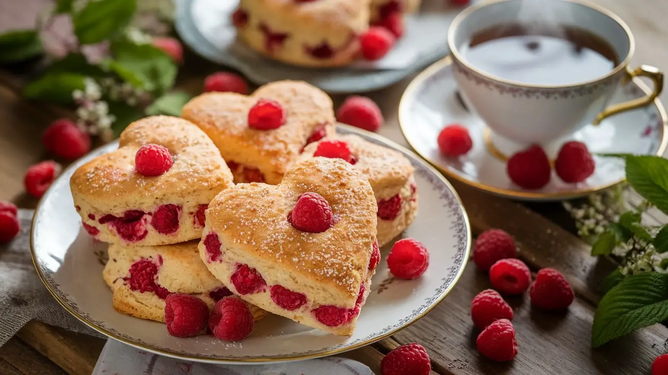 Heart-shaped raspberry scones on a plate with fresh raspberries and a cup of tea on a rustic table.