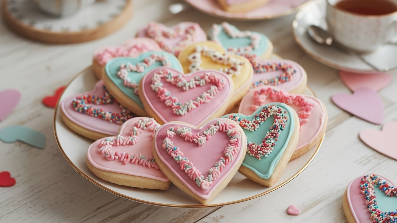 A plate of heart-shaped sugar bliss cookies with colorful icing and sprinkles, perfect for Valentine