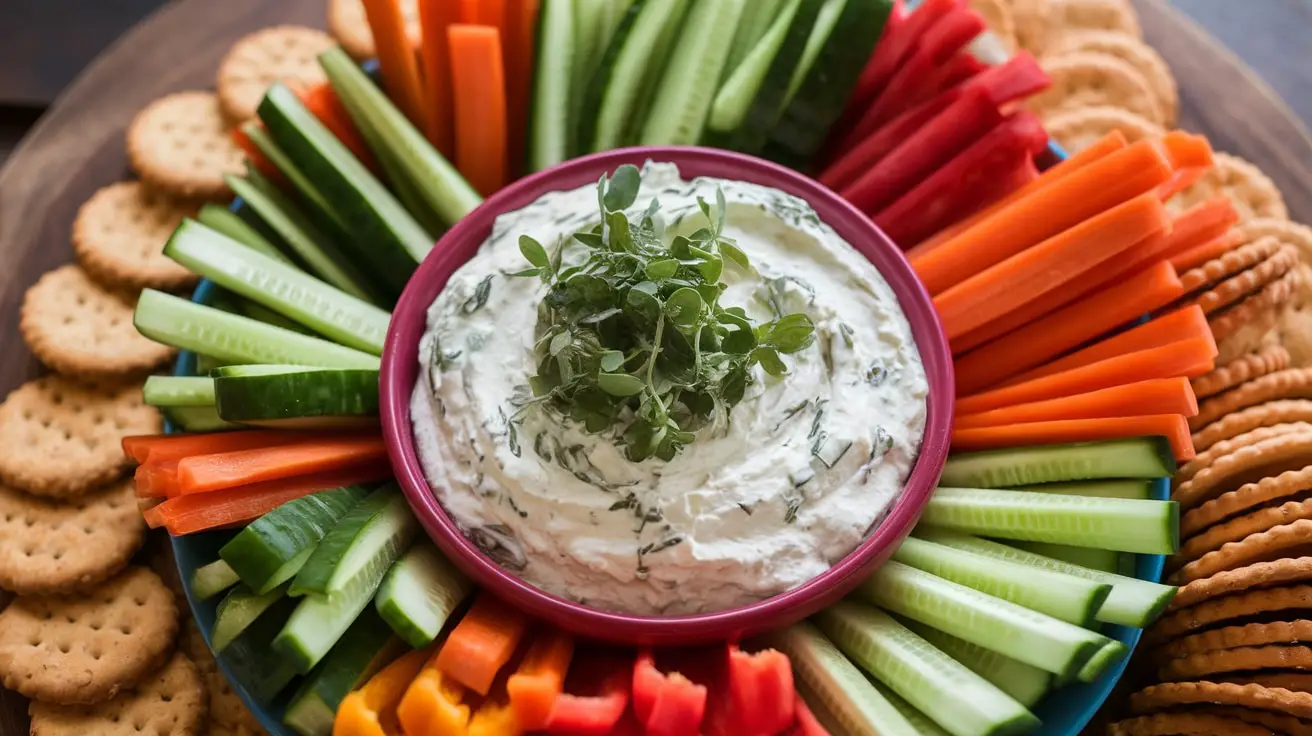 Creamy Herb and Garlic Cream Cheese Dip with vegetable sticks and crackers on a rustic wooden table.