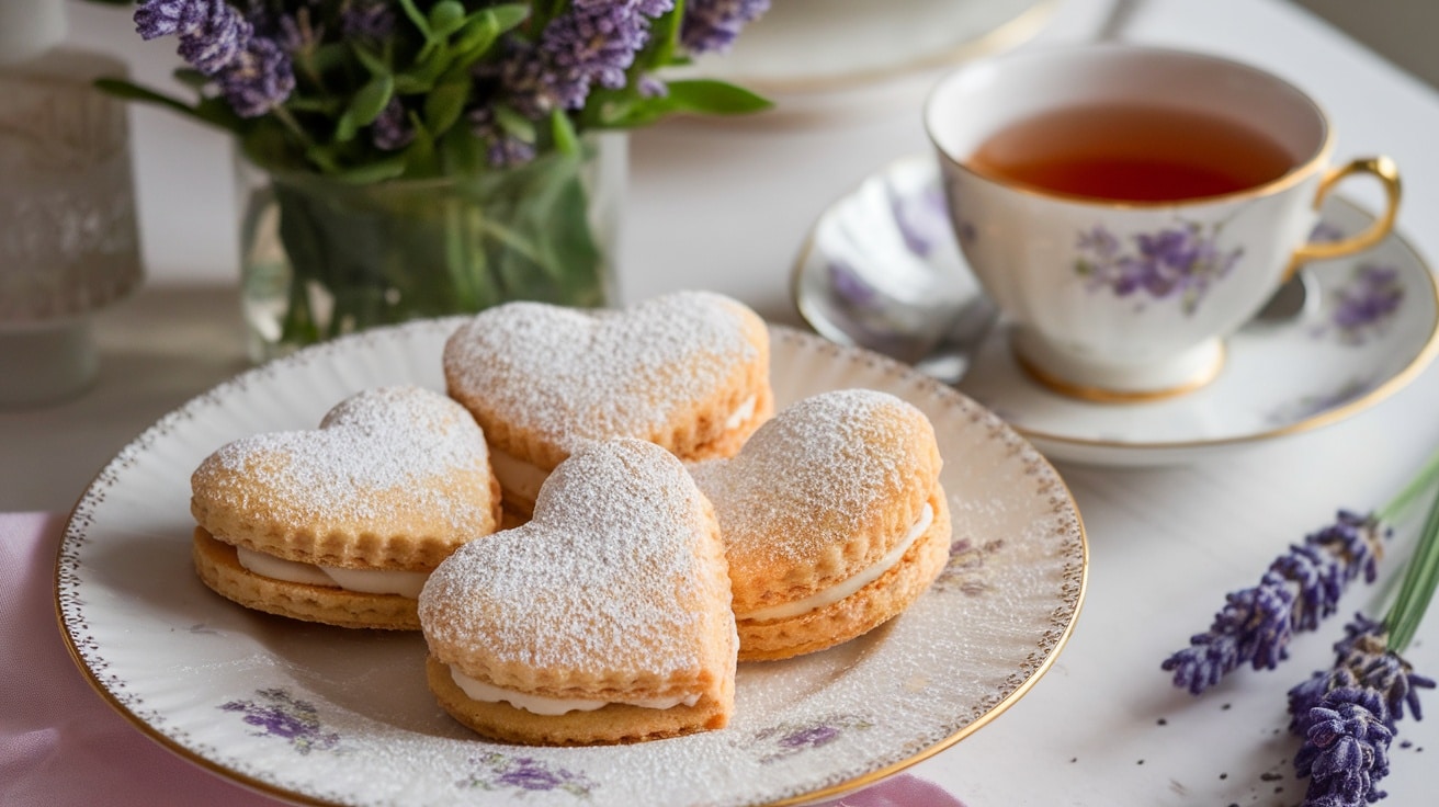 Honey lavender heart biscuits dusted with powdered sugar on a white plate, with a vase of lavender and a cup of tea.