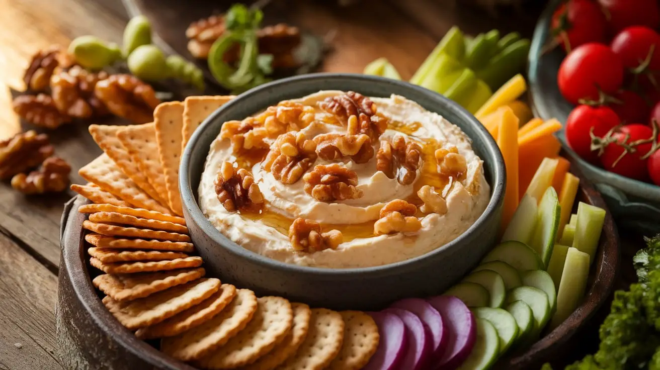 Honeyed goat cheese and walnut dip in a bowl, garnished with walnuts and honey, surrounded by crackers and fresh veggies.